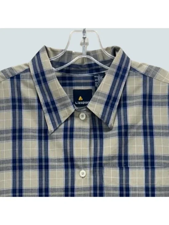 Lizsport Womens Beige & Blue Plaid Cotton Blend Button-Up Shirt Size L - Picture 3 of 8